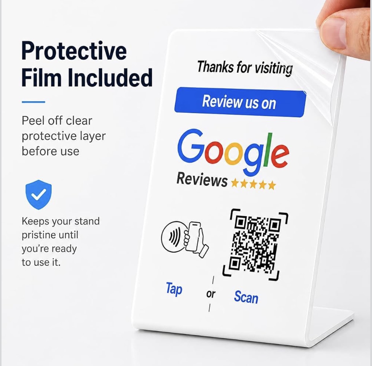 Review stand with protective film included